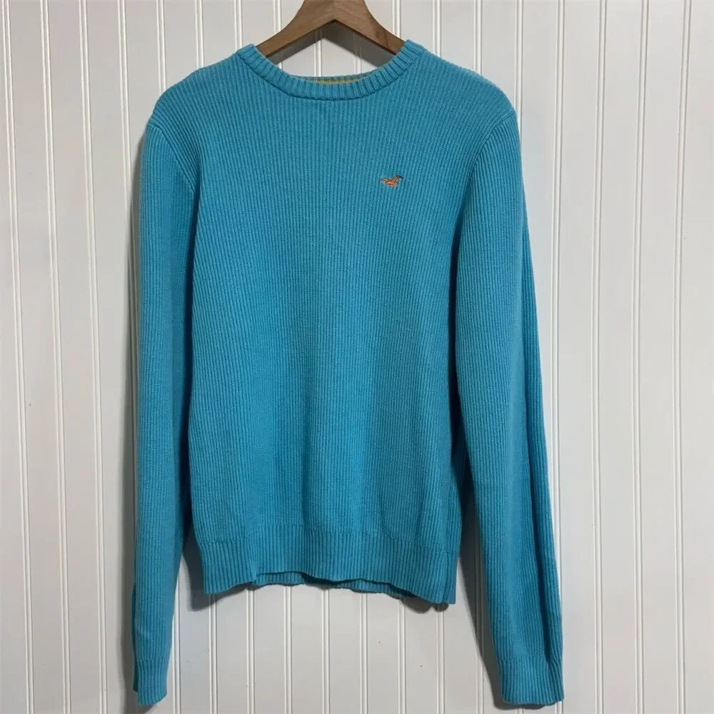 Hollister Y2K Blue Ribbed Sweater 100% Cotton Crewneck L Coastal Preppy‎ Icon